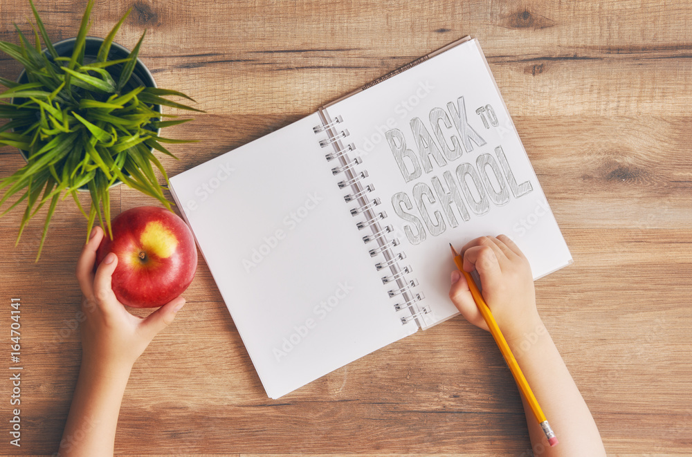 child writes in an empty notebook