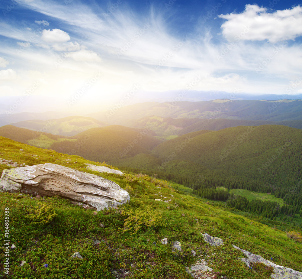 Mountain landscape on sun