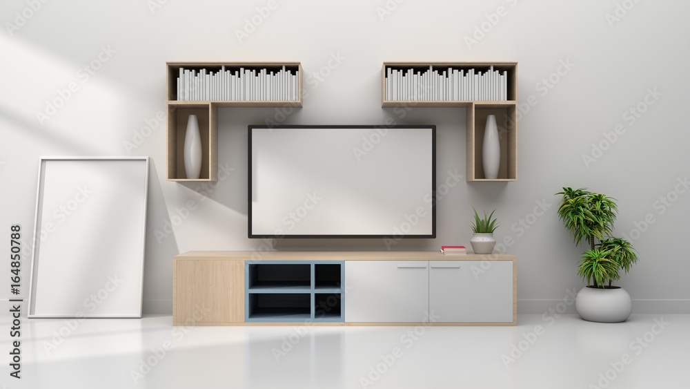 Mock up TV room in room interior white wall background, 3d rendering