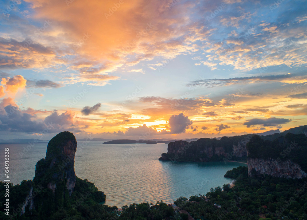 Evening sky by the sea , Railay Beach, Krabi Thailand ,A beautiful place ,amazing ,Aerial view,top v