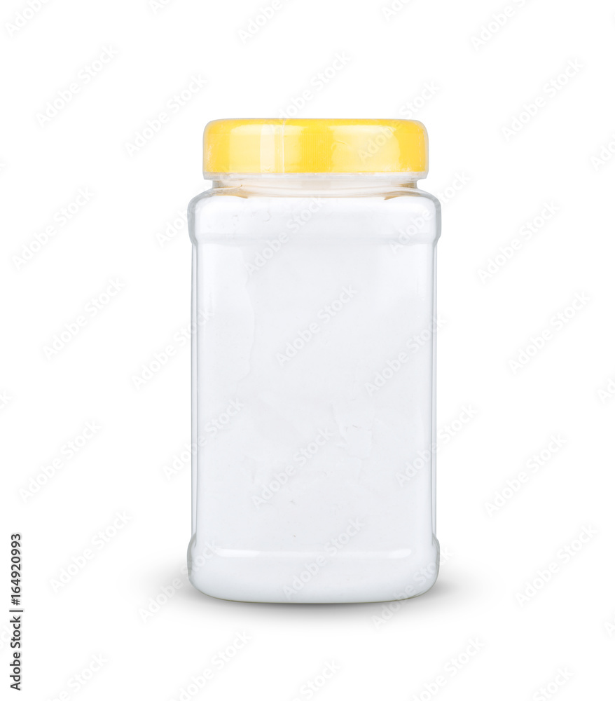 Transparent can, packing for soda, flour, powdered sugar, salt, starch. Isolated on white background