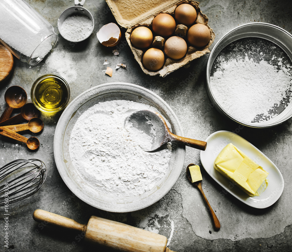 Flatlay of preparation pastry homemade recipe for bake