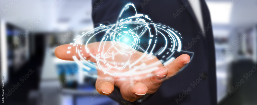 Businessman using flying network connection interface 3D rendering