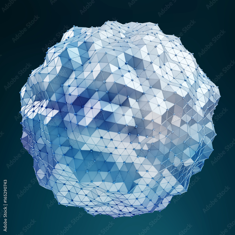 Floating white and blue glowing sphere network 3D rendering