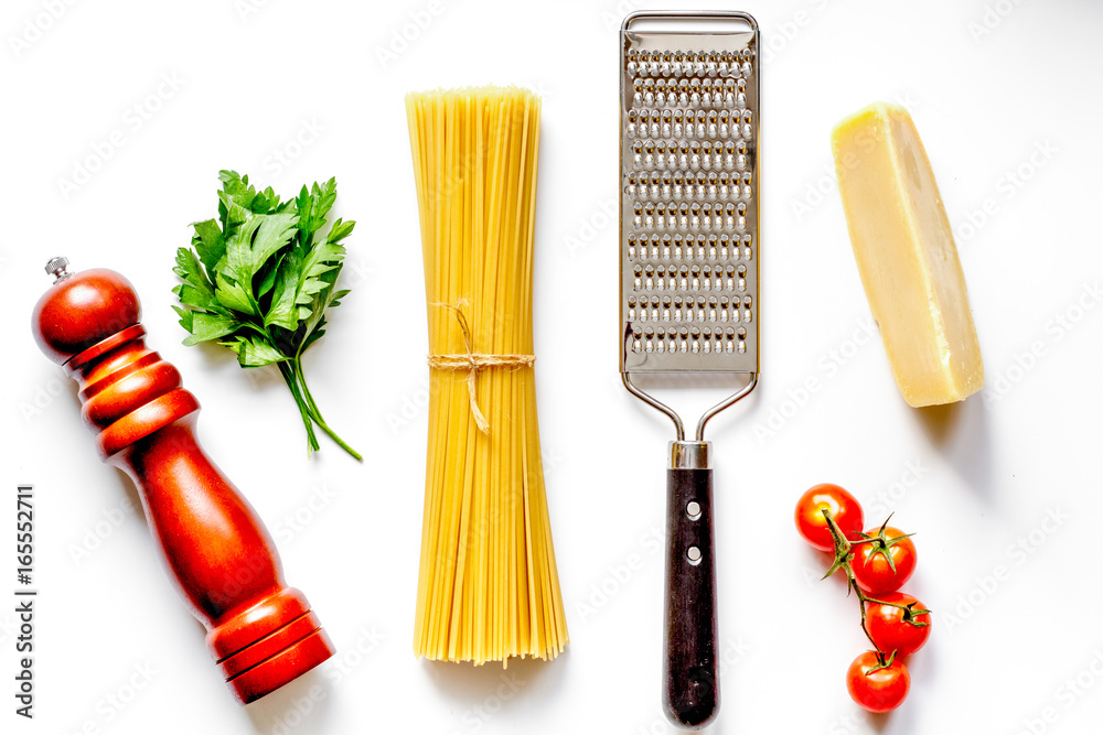 ingredients for cooking paste on white background top view