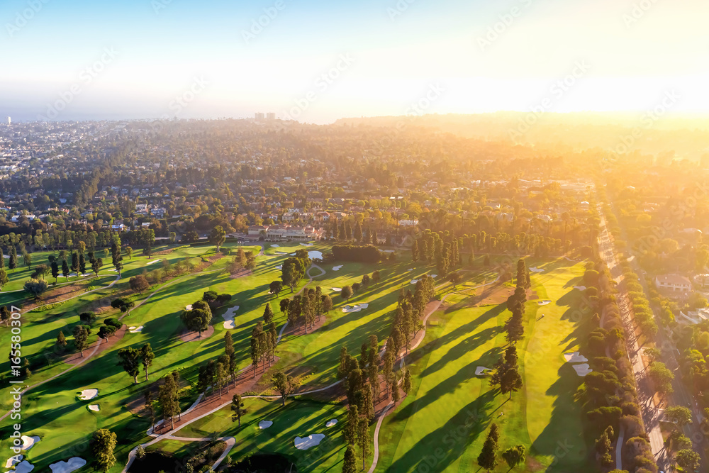 Aerial view of a golf course country club in Los Angeles, CA