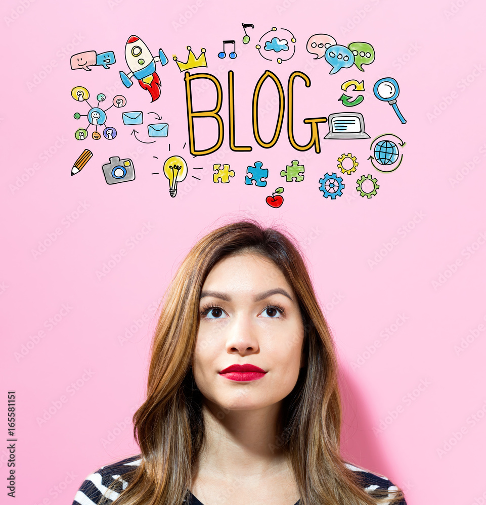 Blog text with young woman on a pink background