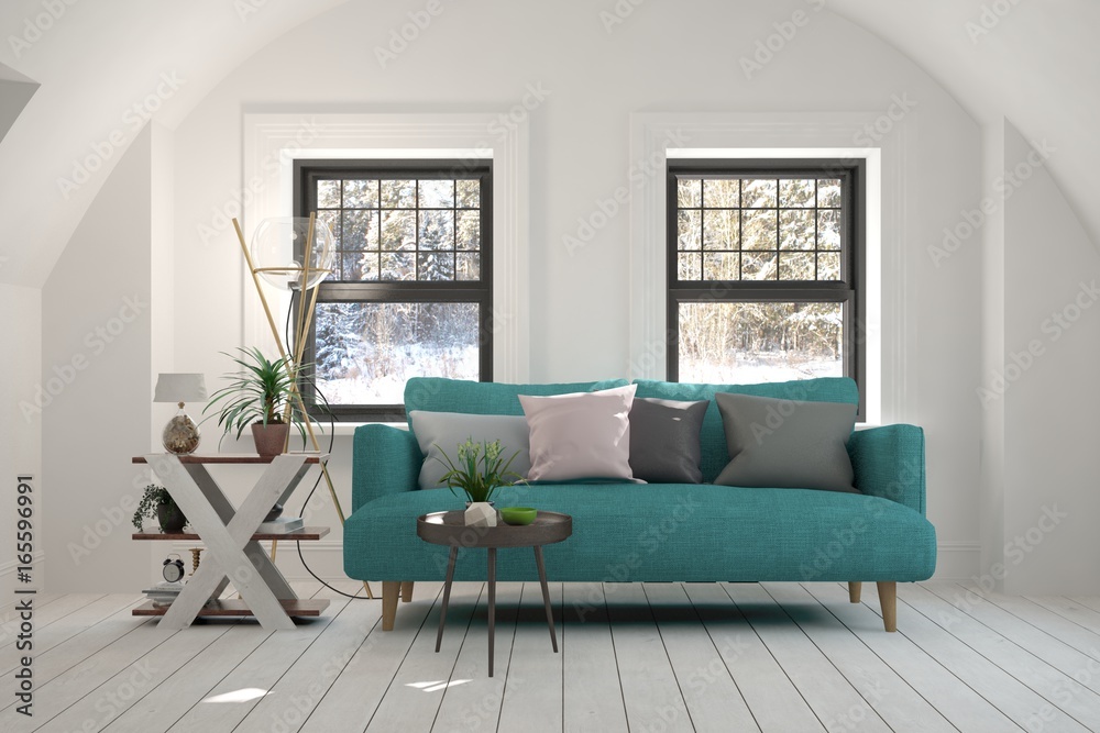 White room with sofa and winter landscape in window. Scandinavian interior design. 3D illustration