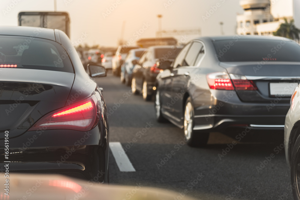 traffic jam with row of cars on toll way