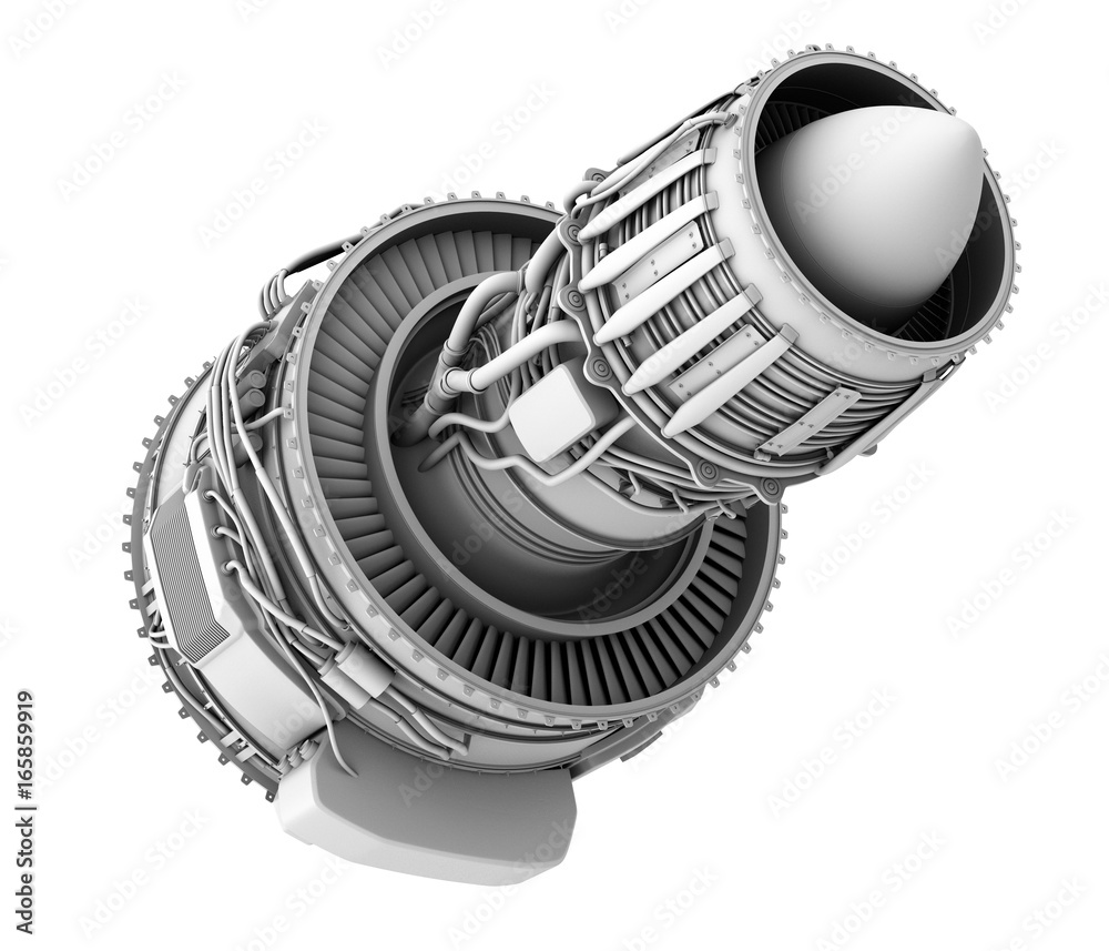 3D clay render of turbofan jet engine isolated on white background. 3D rendering image.