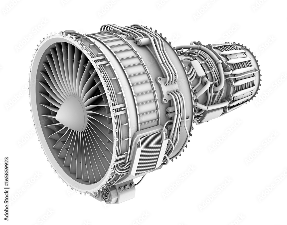 白色背景下涡轮风扇喷气发动机的3D粘土渲染图。3D渲染图。