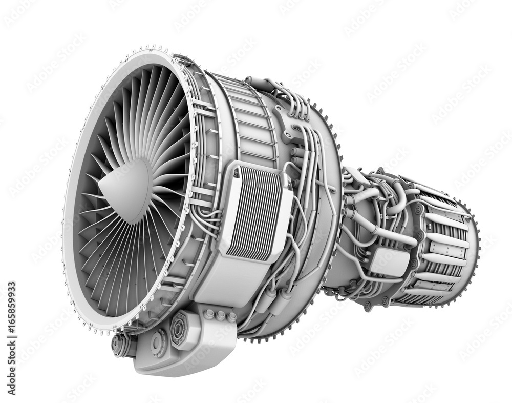 白色背景下孤立的涡扇喷气发动机的3D粘土渲染图。3D渲染图。