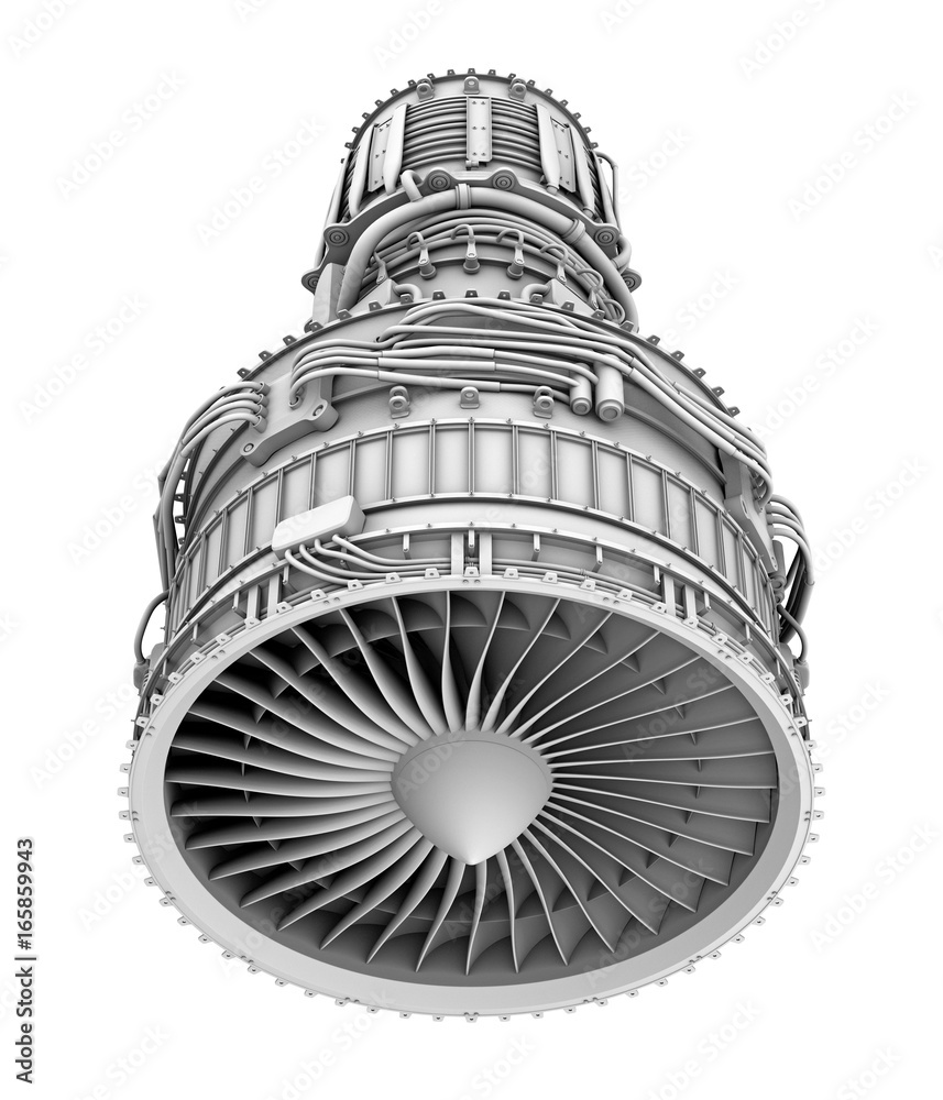 白色背景下孤立的涡扇喷气发动机的3D粘土渲染图。3D渲染图。