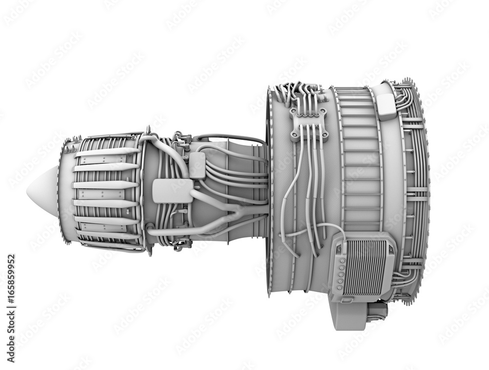 白色背景下孤立的涡扇喷气发动机的3D粘土渲染图。3D渲染图。