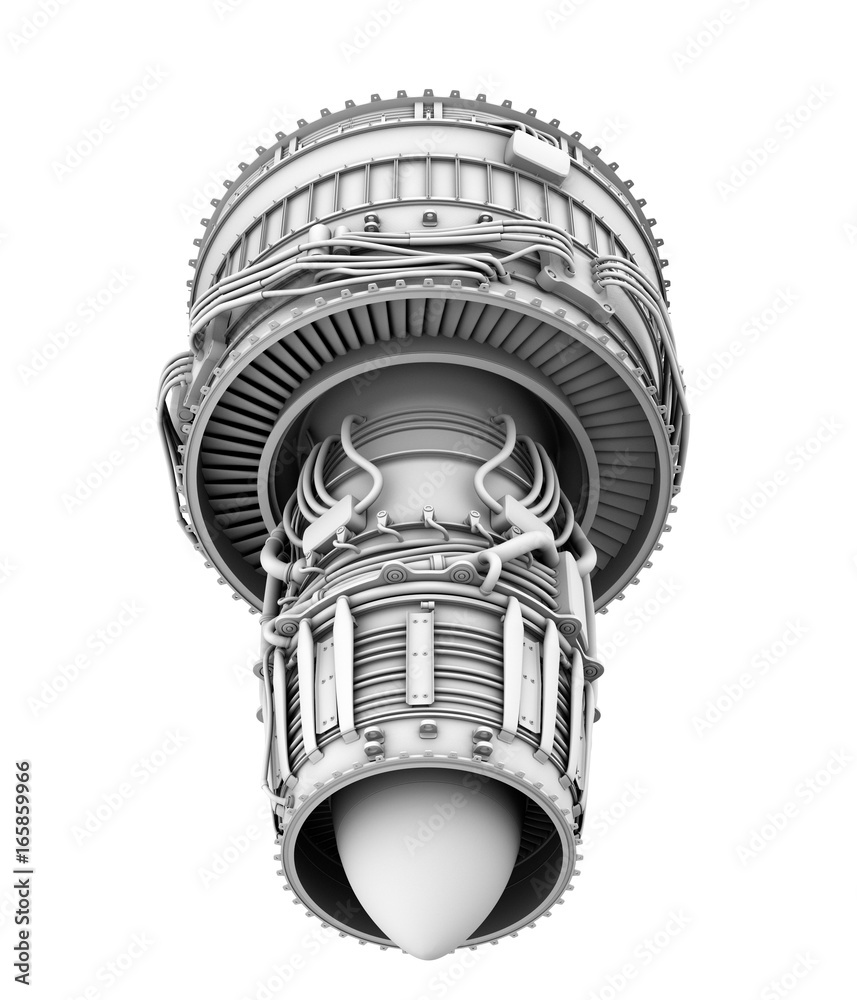 白色背景下孤立的涡扇喷气发动机的3D粘土渲染图。3D渲染图。