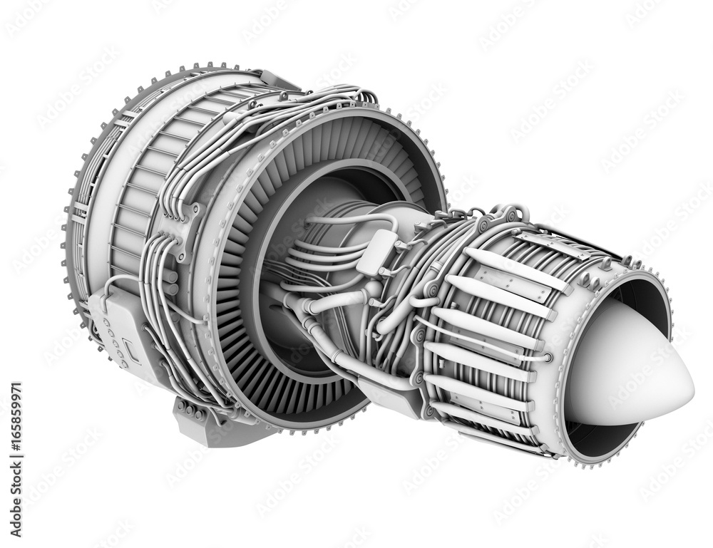 白色背景下涡轮风扇喷气发动机的3D粘土渲染图。3D渲染图。