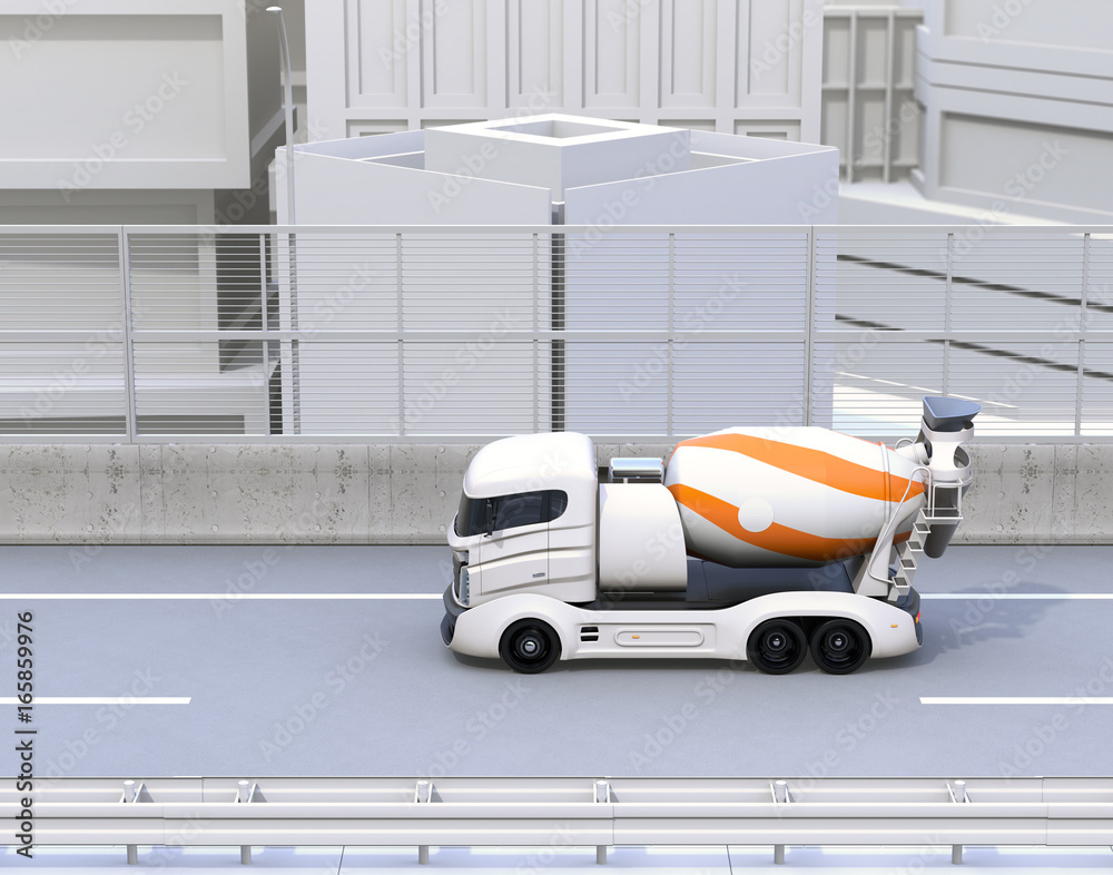 Concrete mixer electric truck driving on the highway. 3D rendering image.