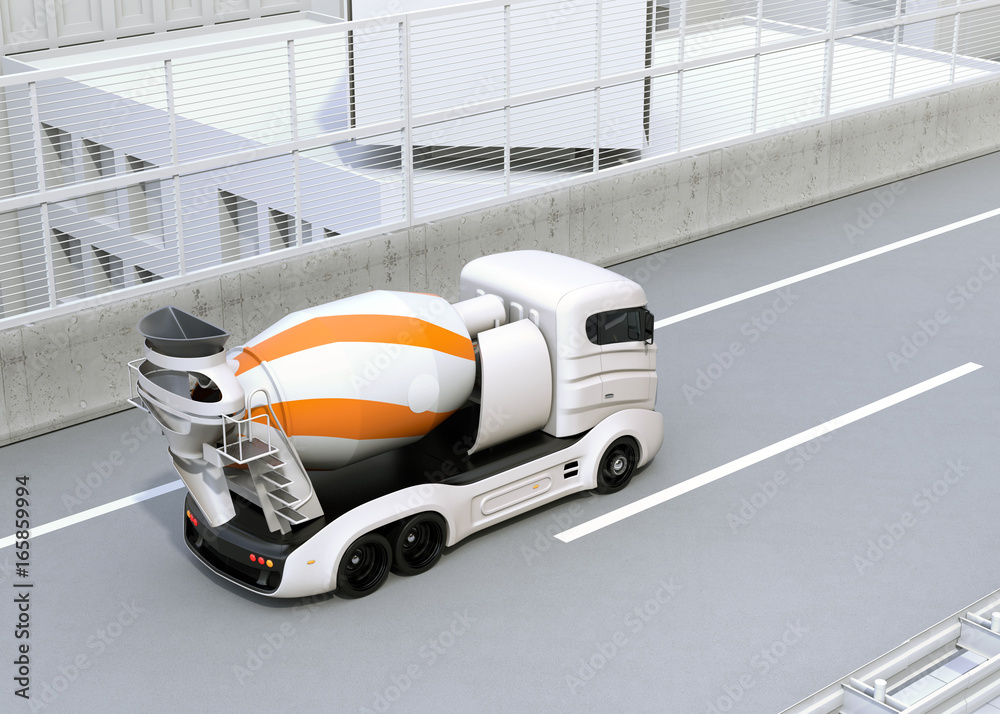 Concrete mixer electric truck driving on the highway. 3D rendering image.