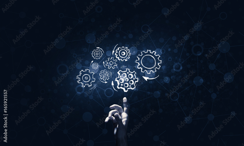 Glowing cogwheel mechanism icon on dark background as symbol of 