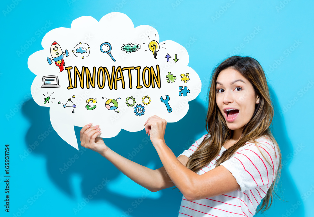 Innovation text with young woman holding a speech bubble on a blue background