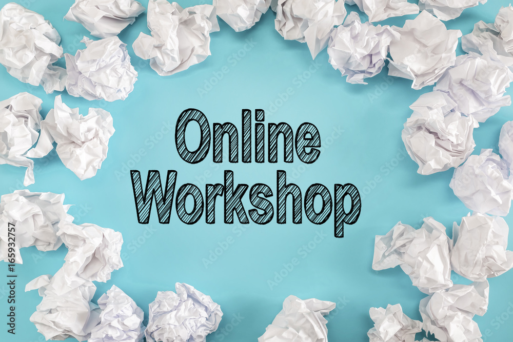 Online Workshop text with crumpled paper balls on a blue background