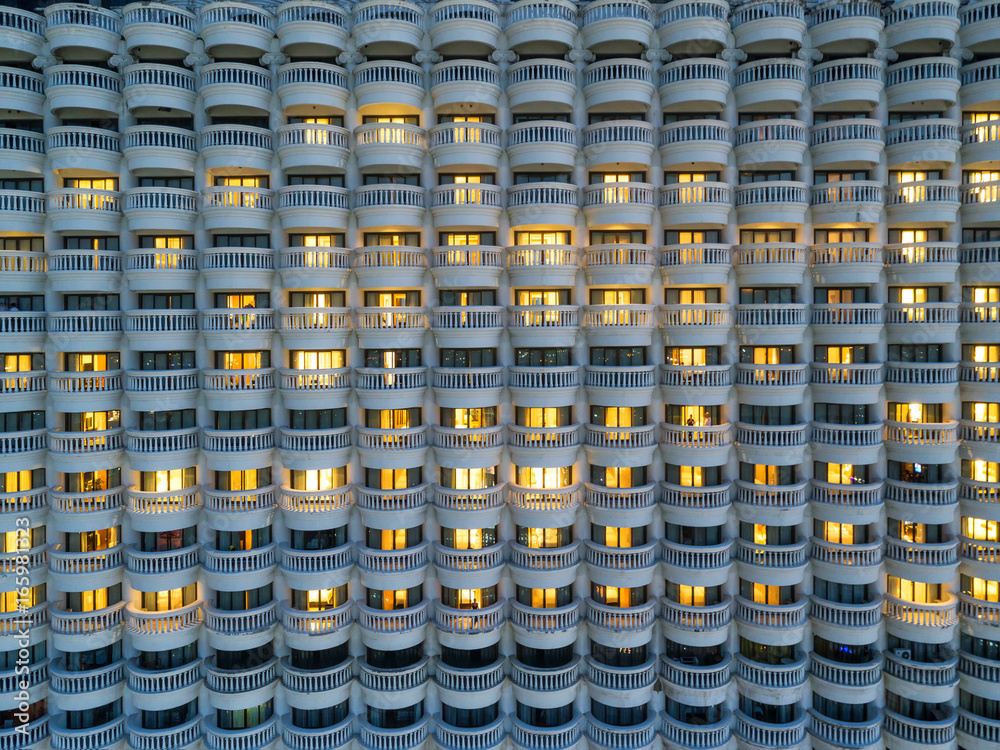 Background blurred .The rows of large white balconies of tall buildings. Window condo ,  Design of p