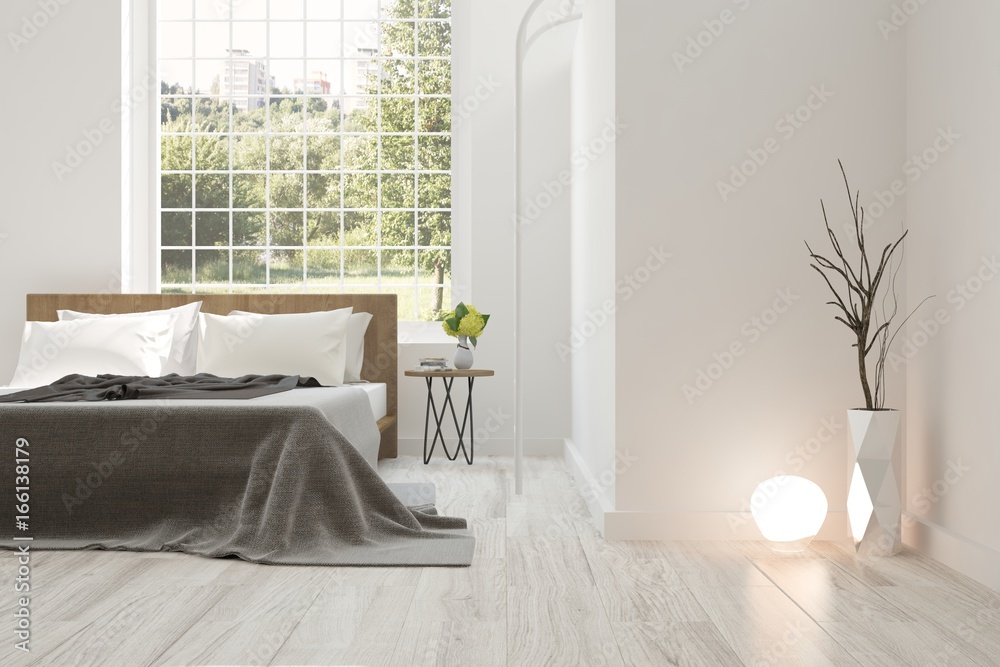 Inspiration of white bedroom with green landscape in window. Scandinavian interior design. 3D illust