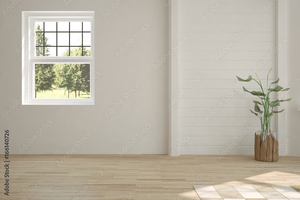 White empty room with summer landscape in window. Scandinavian interior design. 3D illustration