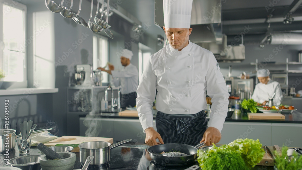 Famous Restaurant Chef Fries Fish on a Hot Pan. He Works in a Modern Kitchen.