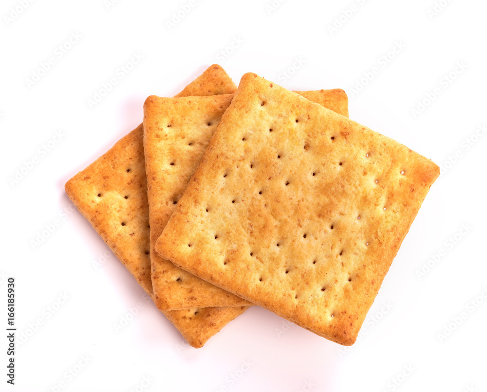 Close up the healthy  whole wheat cracker on white background , top view or overhead shot