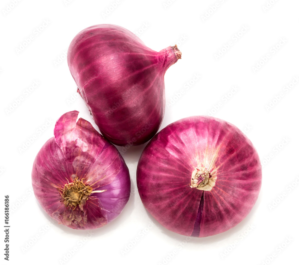 The Fresh red onion bulb and onion peel isolated on white background