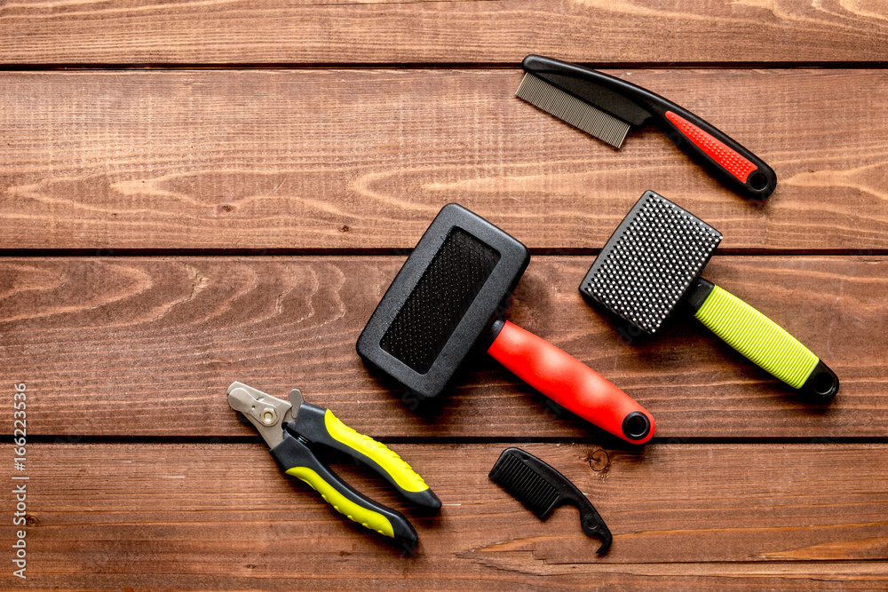 concept pet grooming on wooden background top view