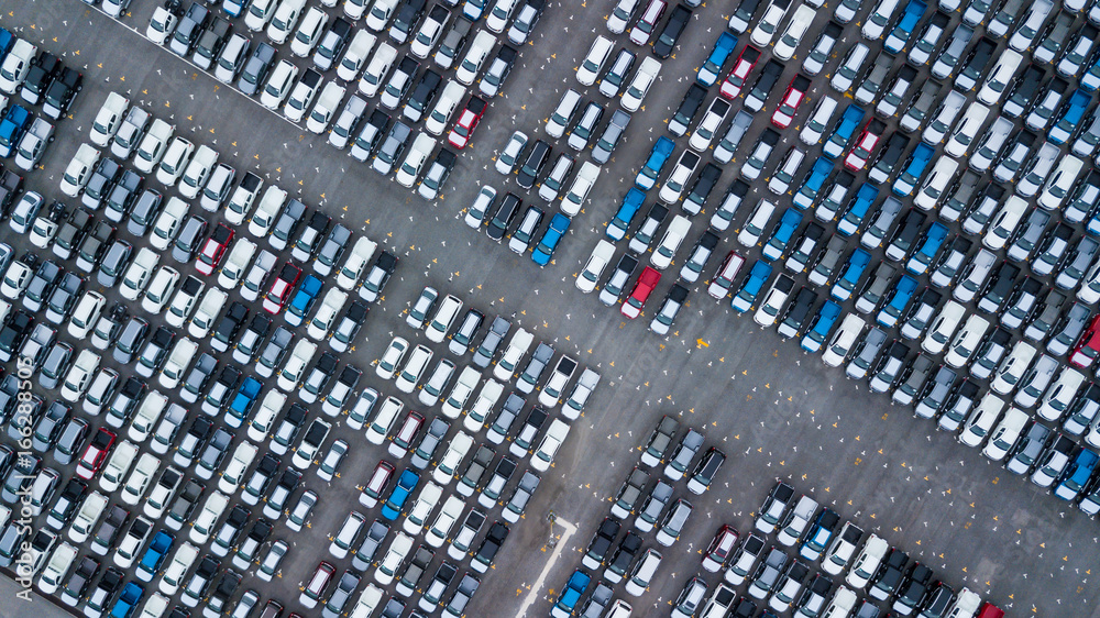 Aerial view new cars lined up in the port for import and export, Abstract new car for sale business 