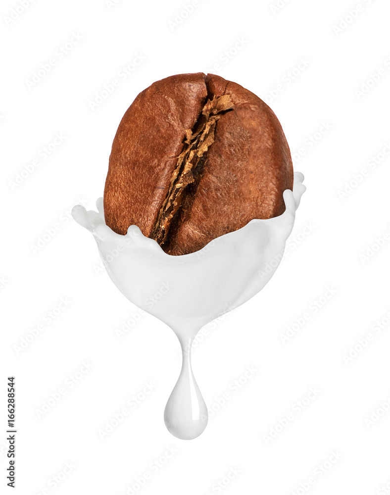 Coffee bean with milk drop isolated on white background