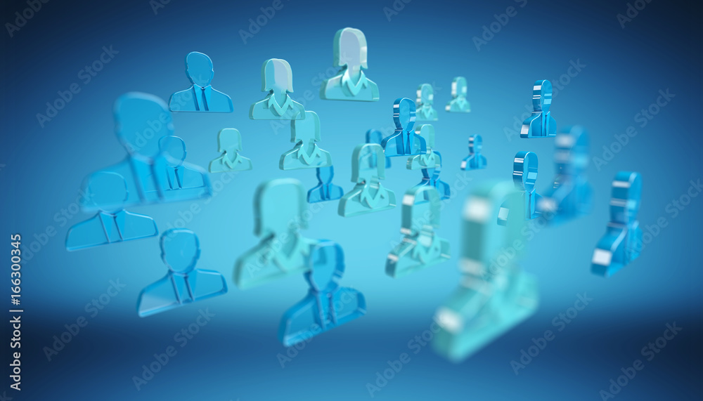 3D rendering group of icon blue people