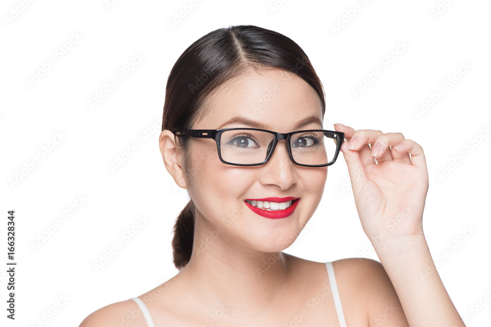 Beauty asian model girl with perfect skin wearing glasses, isolated on white background.