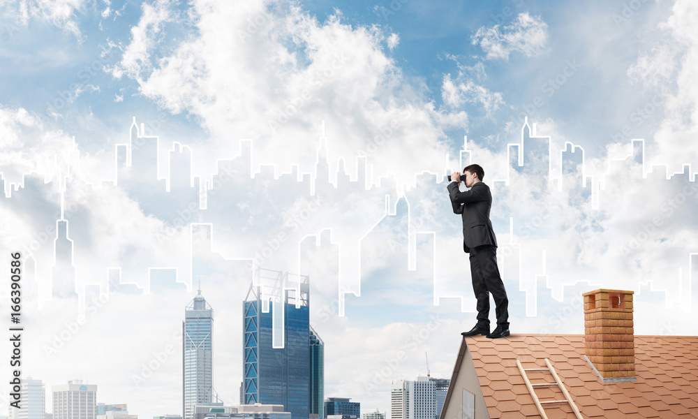 Businessman standing on roof and looking in binoculars. Mixed media