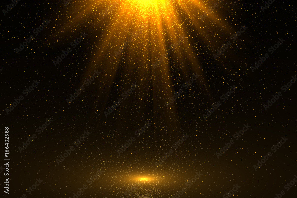 Golden sunray with sparkles or gold particle glitter light. Merry Christmas festive background.defoc