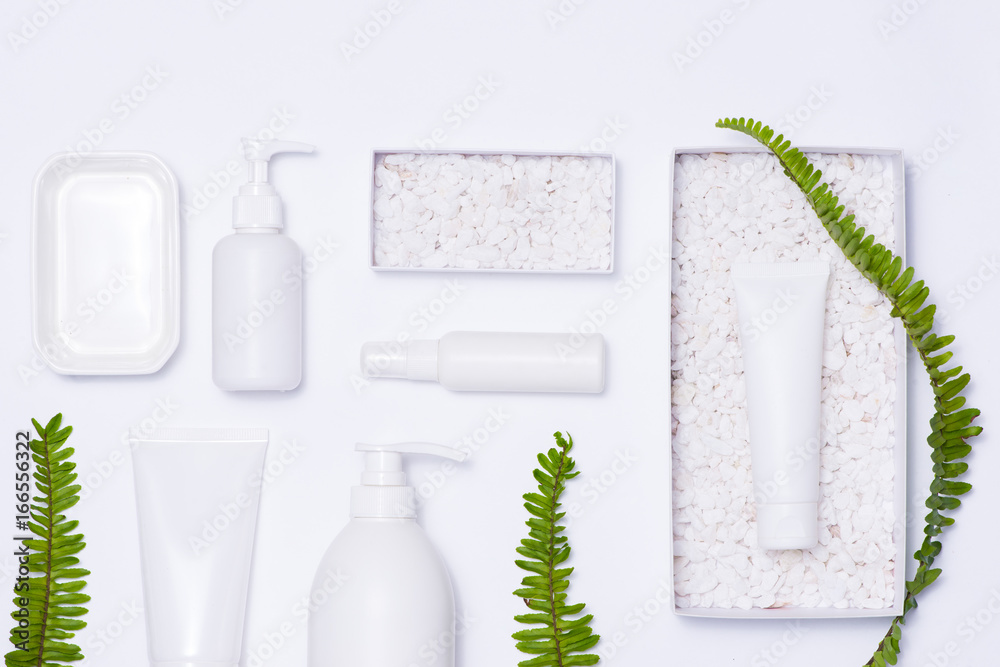 Cosmetics SPA branding mock-up, top view, on white background.