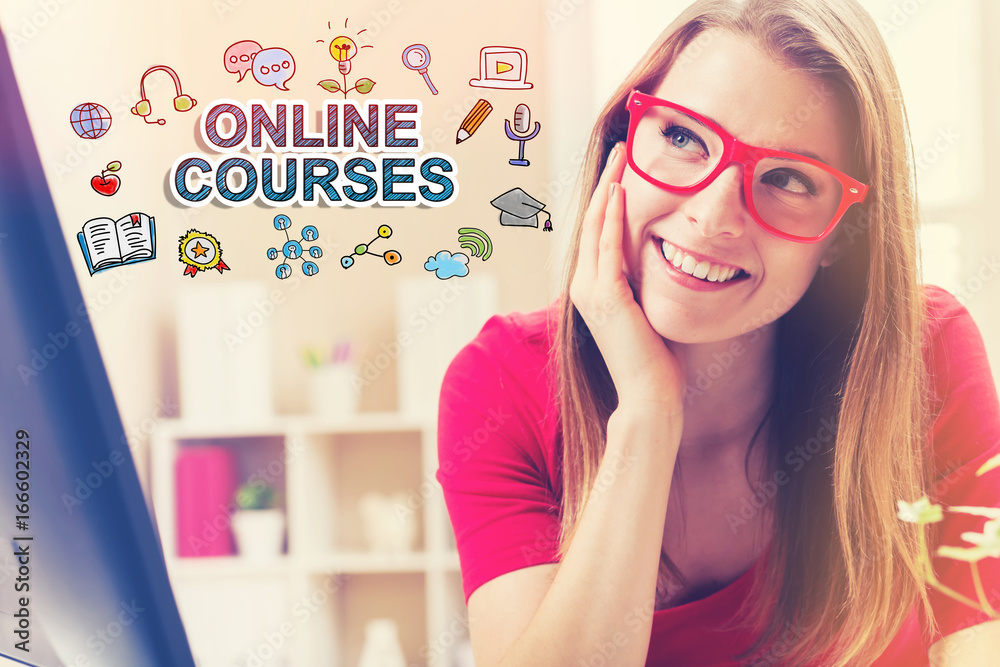 Online Courses text with young woman in her home office