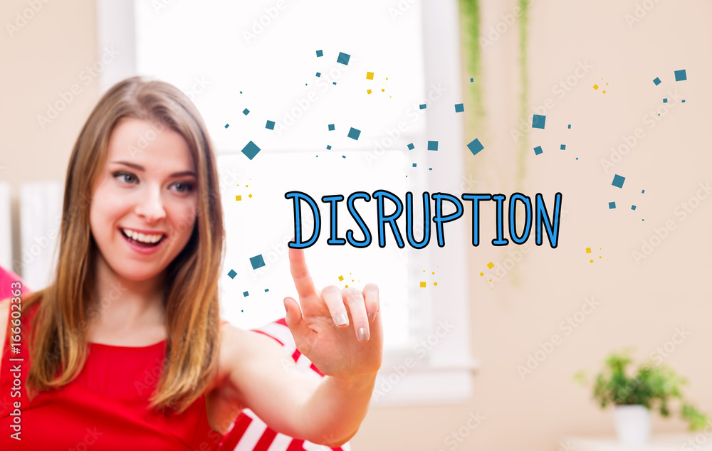 Disruption concept with young woman in her home 