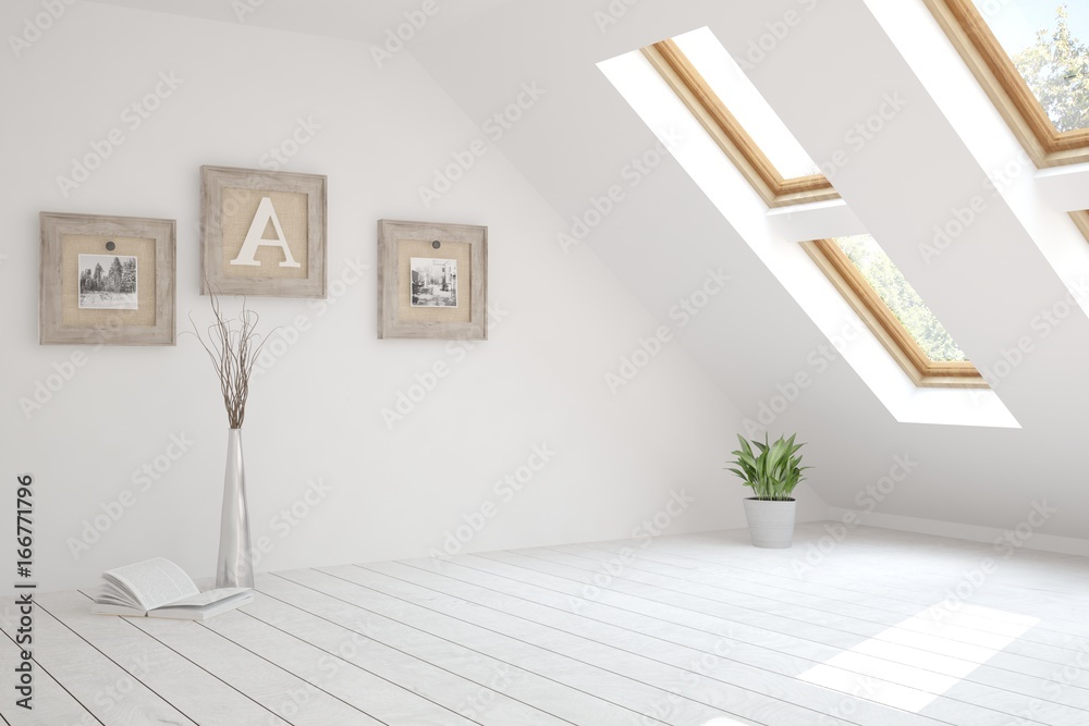 Idea of white empty room. Scandinavian interior design. 3D illustration