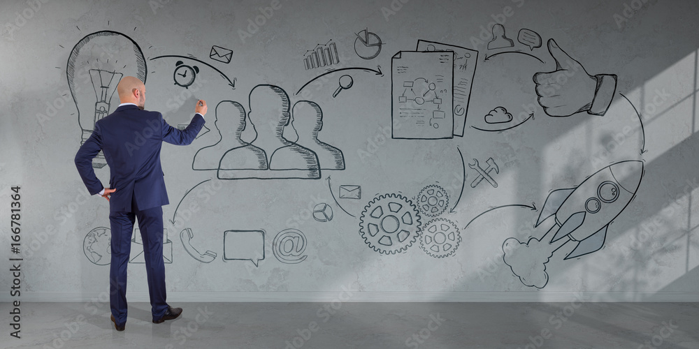 Businessman drawing a project sketch on a wall 3D rendering