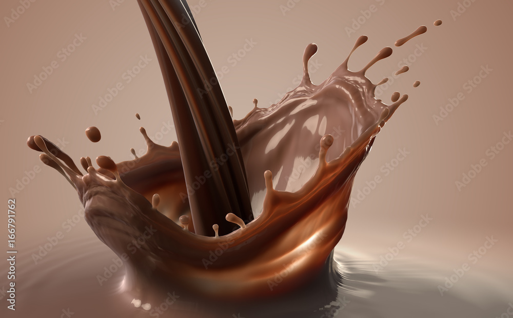 Pouring liquid cocoa Chocolate splash on brownish creamy background