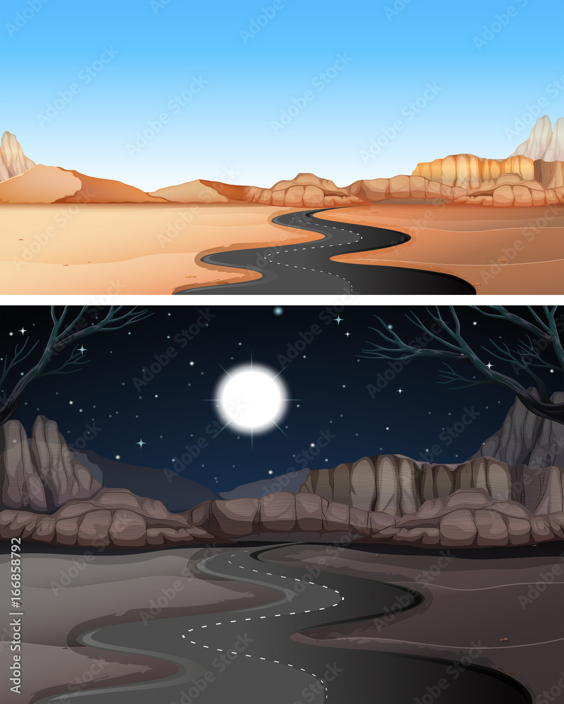 Road to the desert day and night.