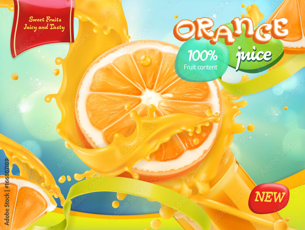 Orange juice. Sweet fruits. 3d realistic vector, package design