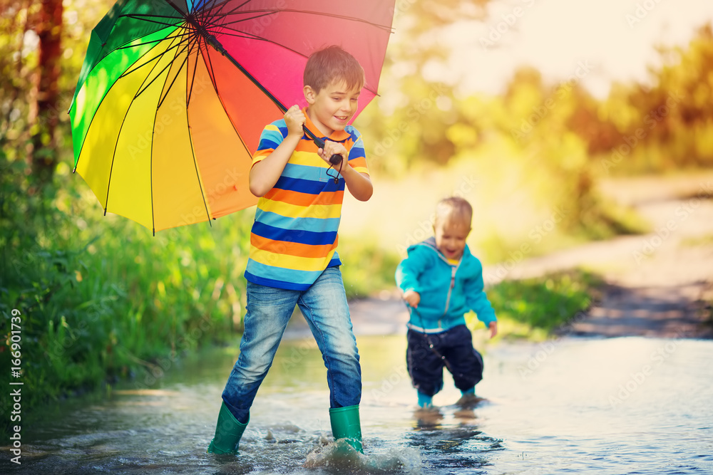 Children walking in wellies in puddle on rainy weather