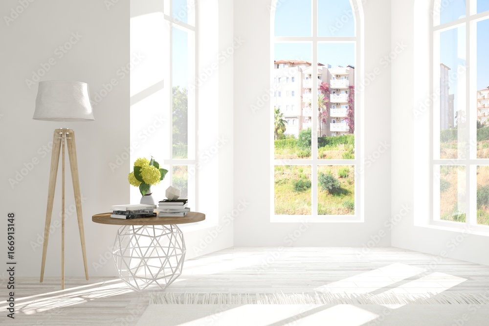 White empty room with summer landscape in window. Scandinavian interior design. 3D illustration