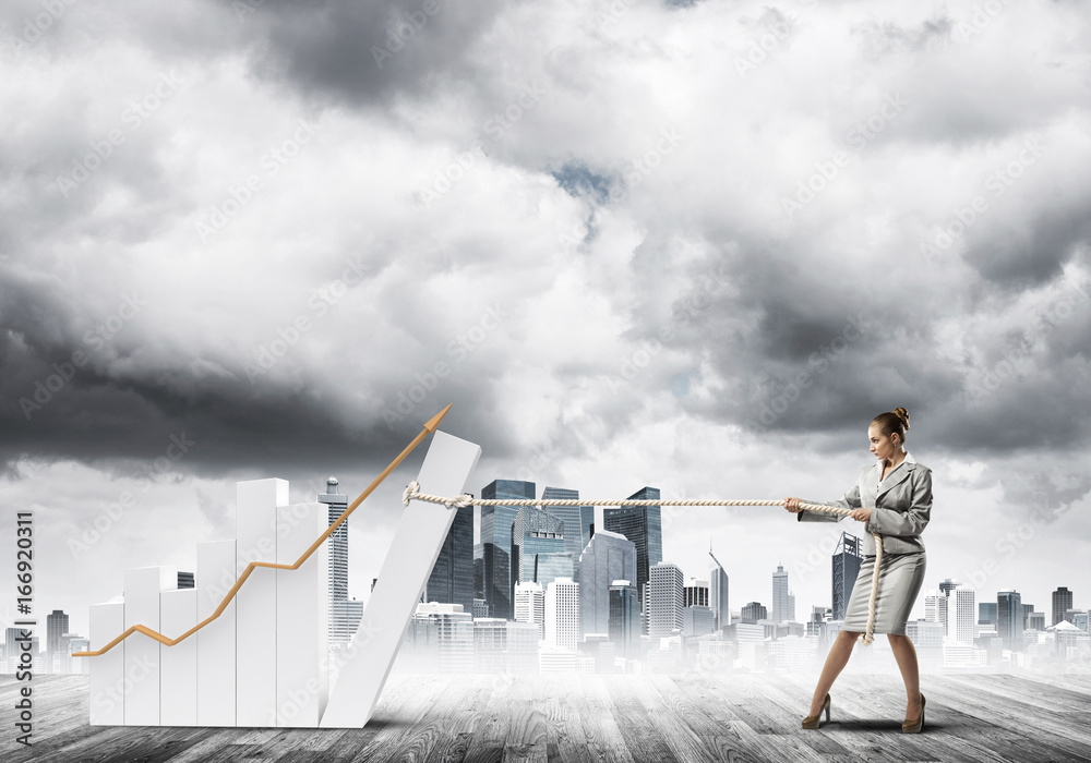 Businesswoman pulling graph with rope as concept of power and control