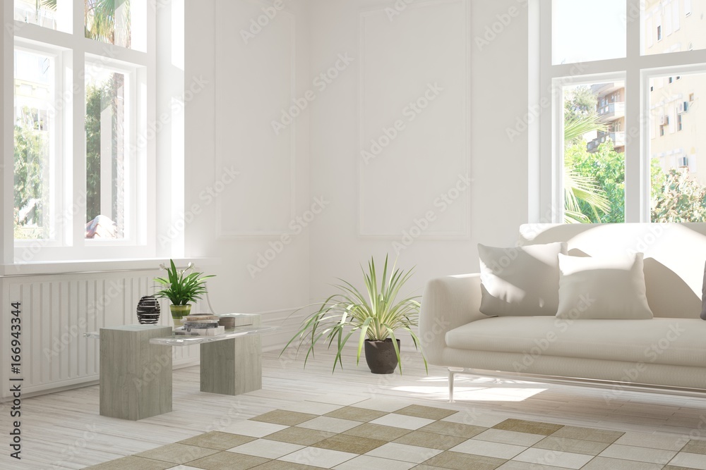 Idea of white room with sofa and summer landscape in window. Scandinavian interior design. 3D illust